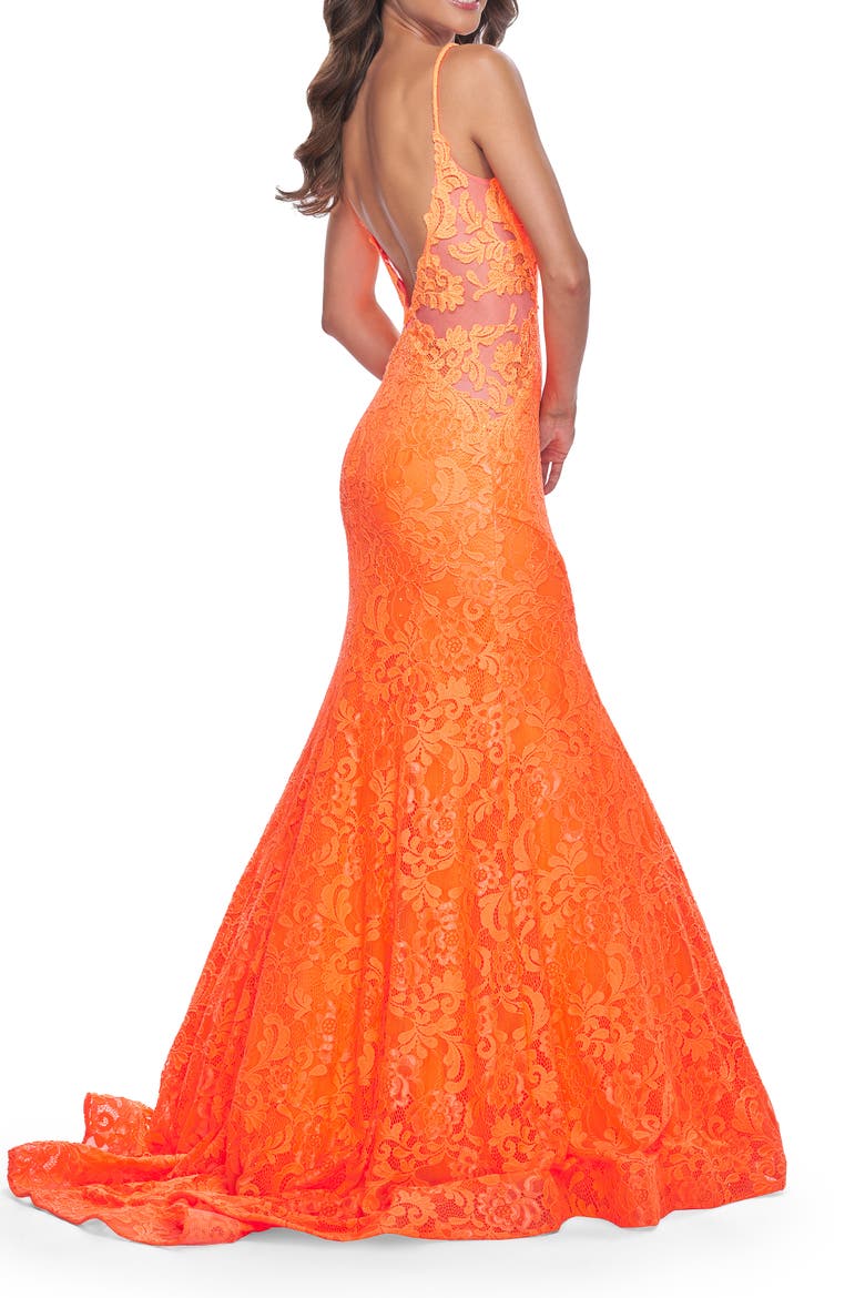 Long Mermaid Lace Dress with Back Rhinestone Detail, Alternate, color, Bright Orange