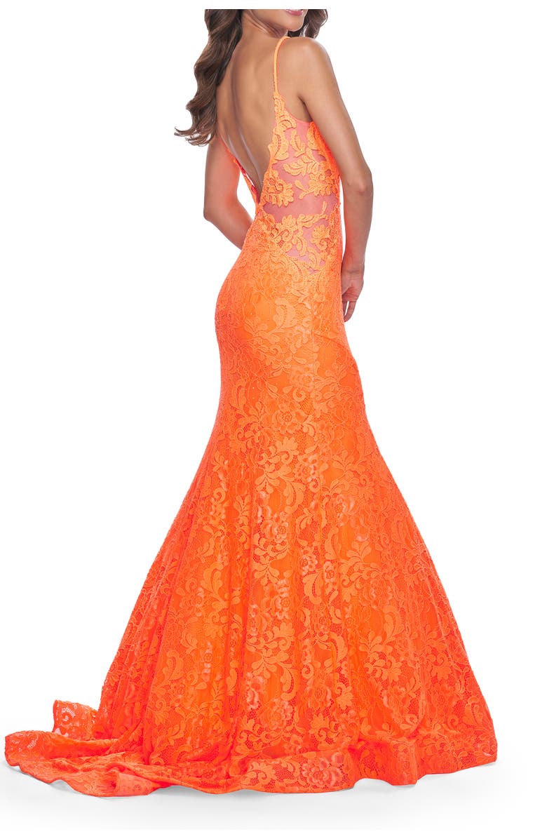 La Femme Long Mermaid Lace Dress with Back Rhinestone Detail, Alternate, color, Bright Orange