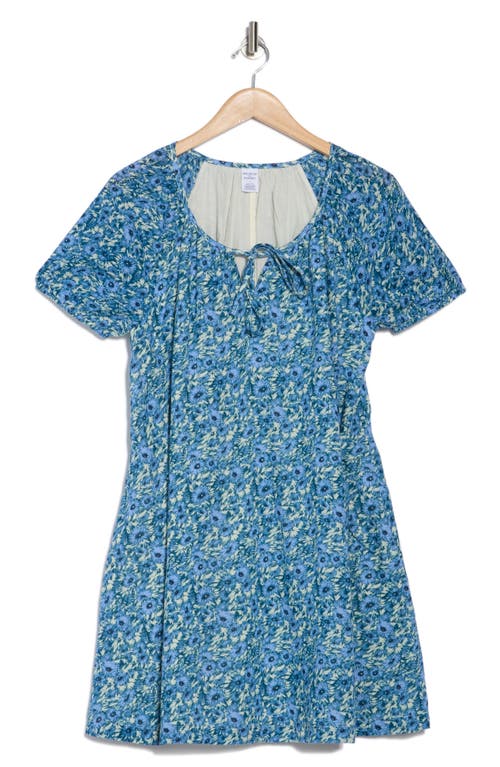Melrose And Market Gauze Babydoll Minidress In Blue- Ivory Wildflower Sketch