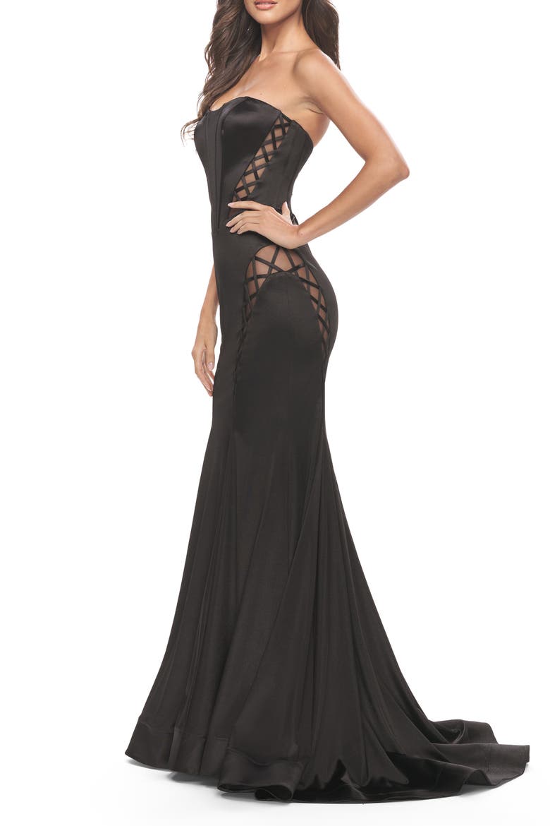Liquid Jersey Gown with Mesh Strappy Side Panels, Alternate, color, Black