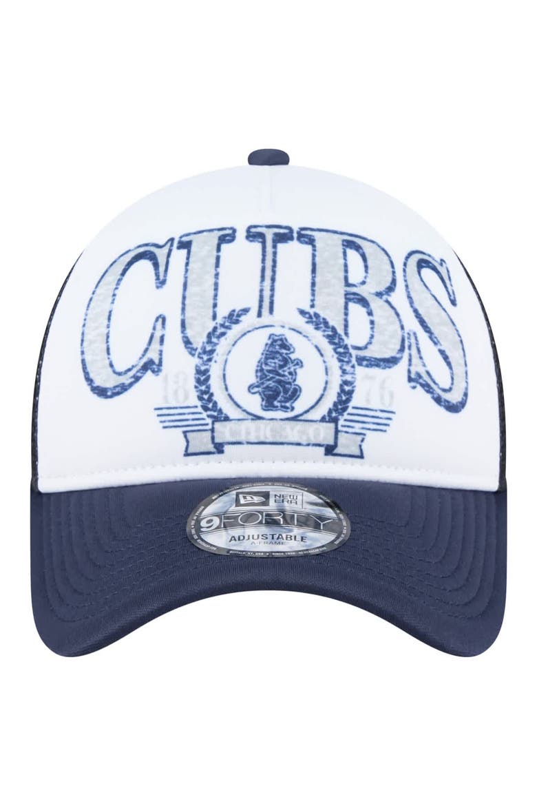 Men's New Era White/Navy Chicago Cubs Distressed 9FORTY A-Frame Adjustable Trucker Hat, Alternate, color, White