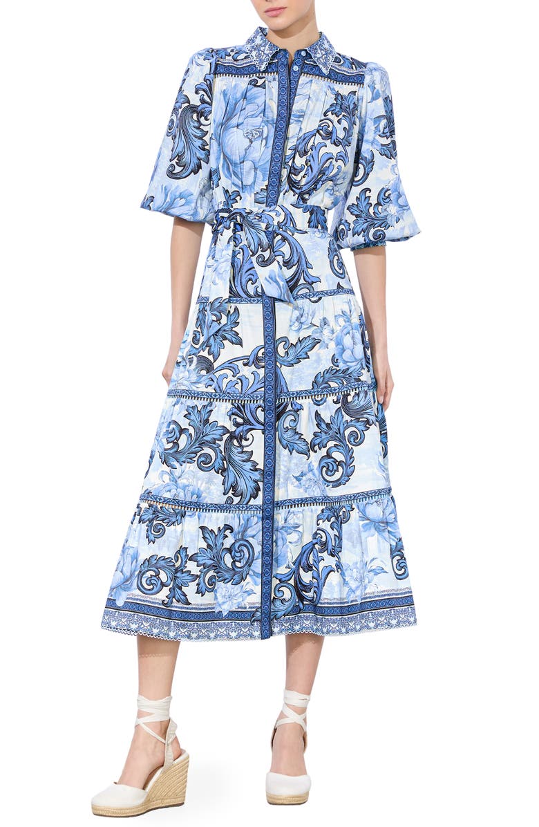 Alice + Olivia Geneva Print Belted Midi Shirtdress, Main, color, 
