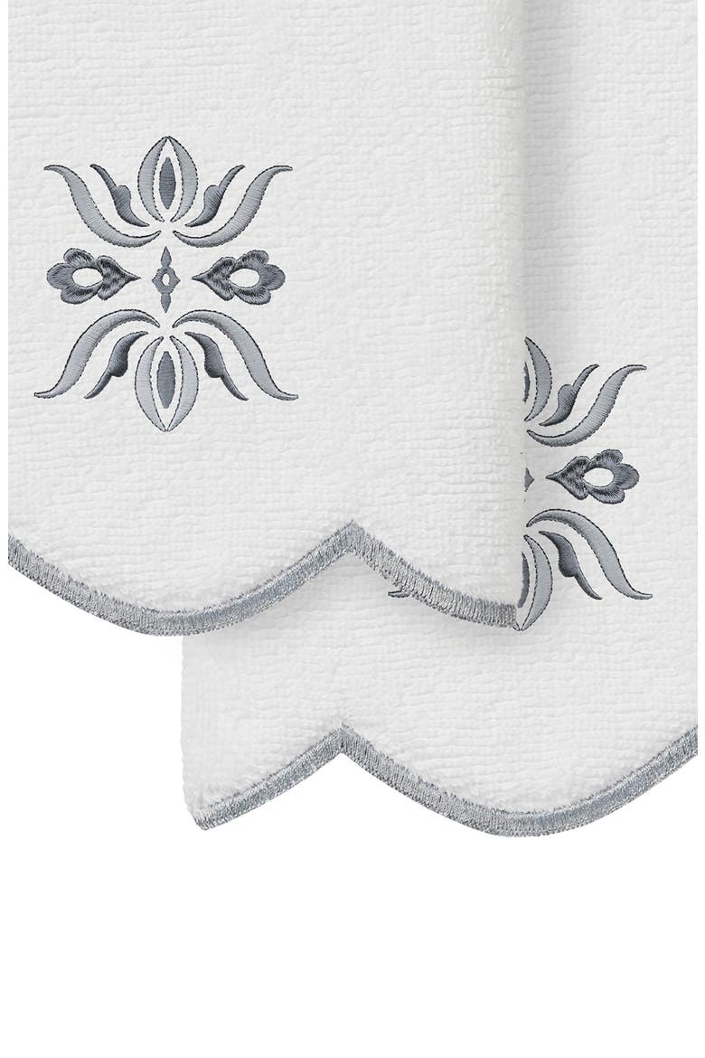 Flower Crest Embroidered Scallop 2-Piece Towel Set, Alternate, color, WHITE/ GRAY