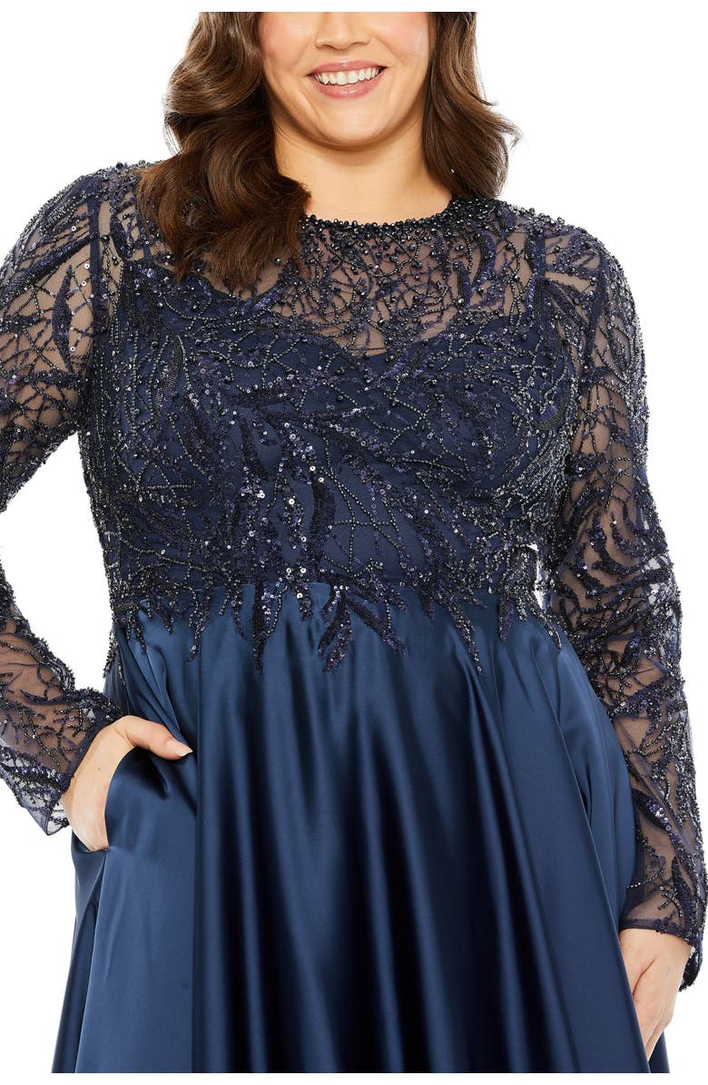 Mac Duggal Sheer Long Sleeve Beaded Top Satin Gown, Alternate, color, Midnight