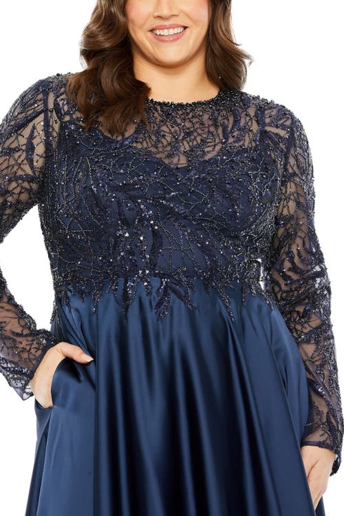 Mac Duggal Sheer Long Sleeve Beaded Top Satin Gown In Midnight