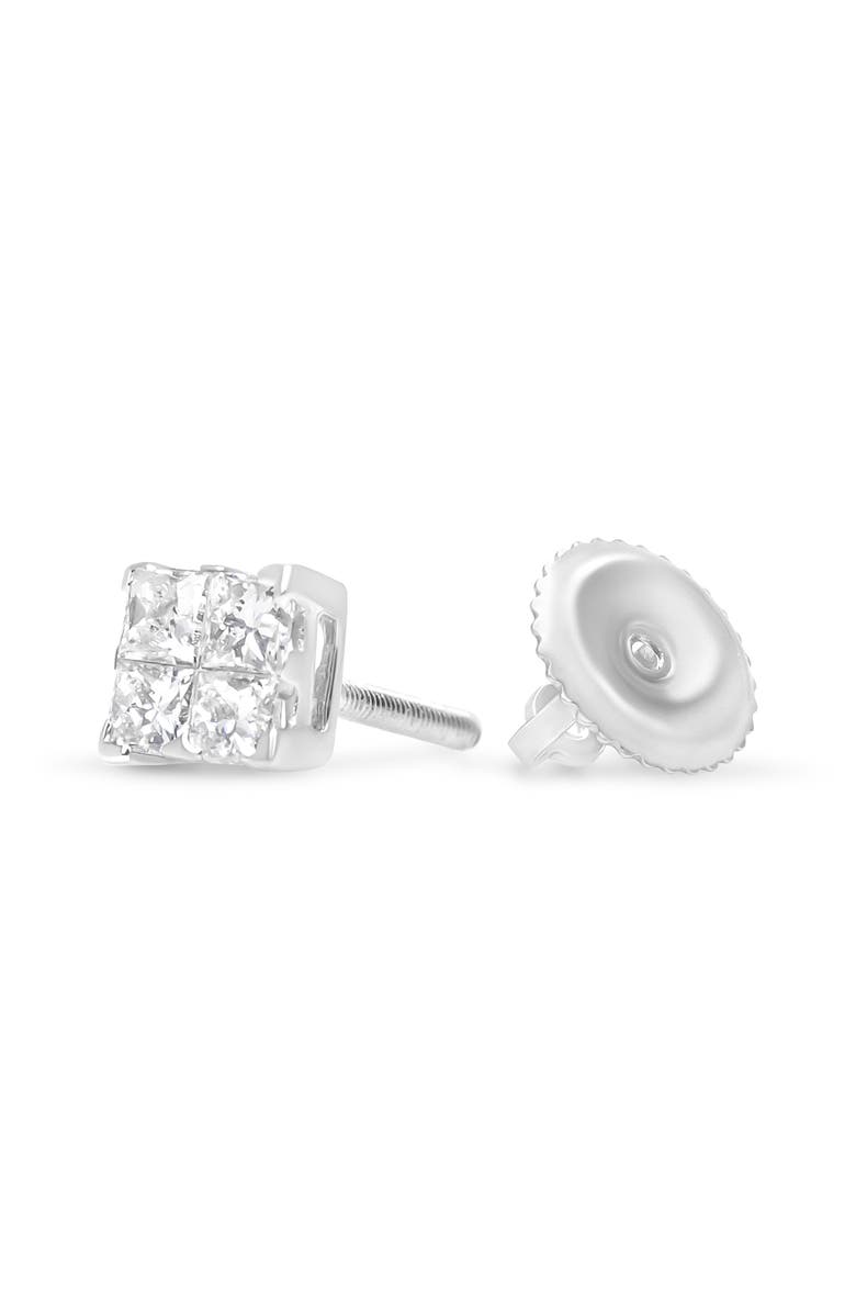 Haus of Brilliance Silver 5/8 Ct Princess Diamond Invisible Quad Composite Stud Earrings, Alternate, color, White