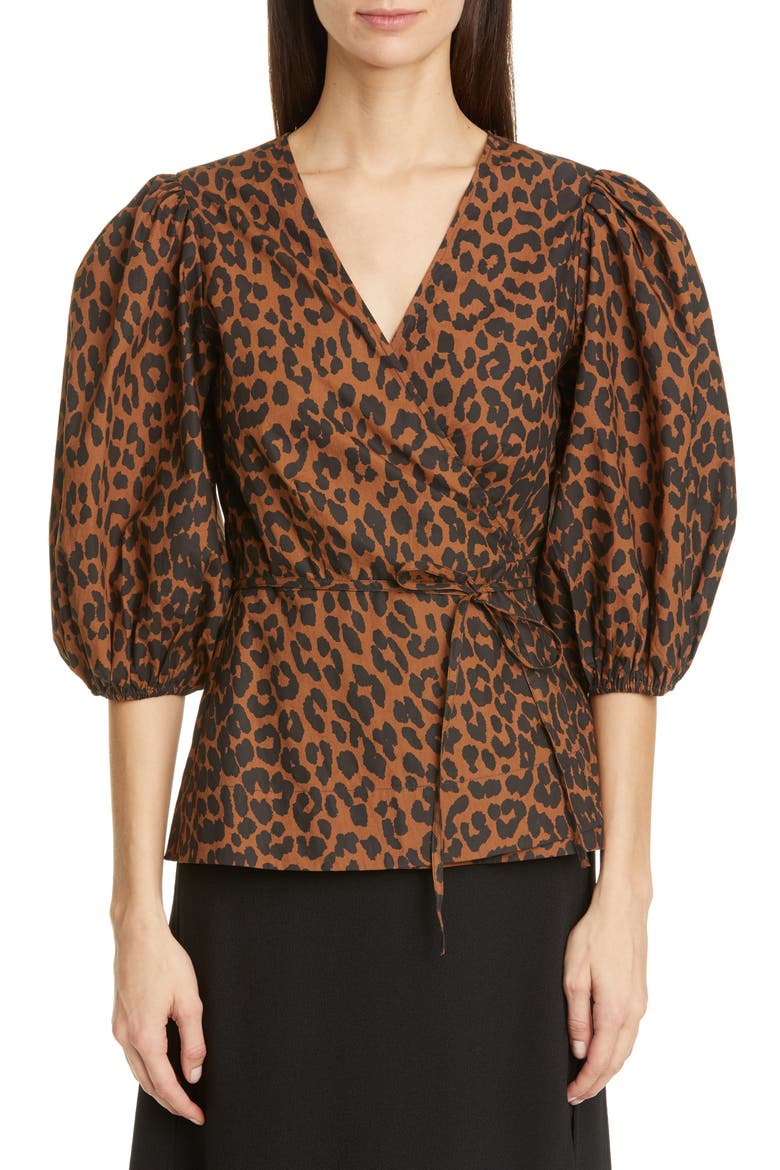 Leopard Print Balloon Sleeve Organic Cotton Wrap Top, Main, color, TOFFEE