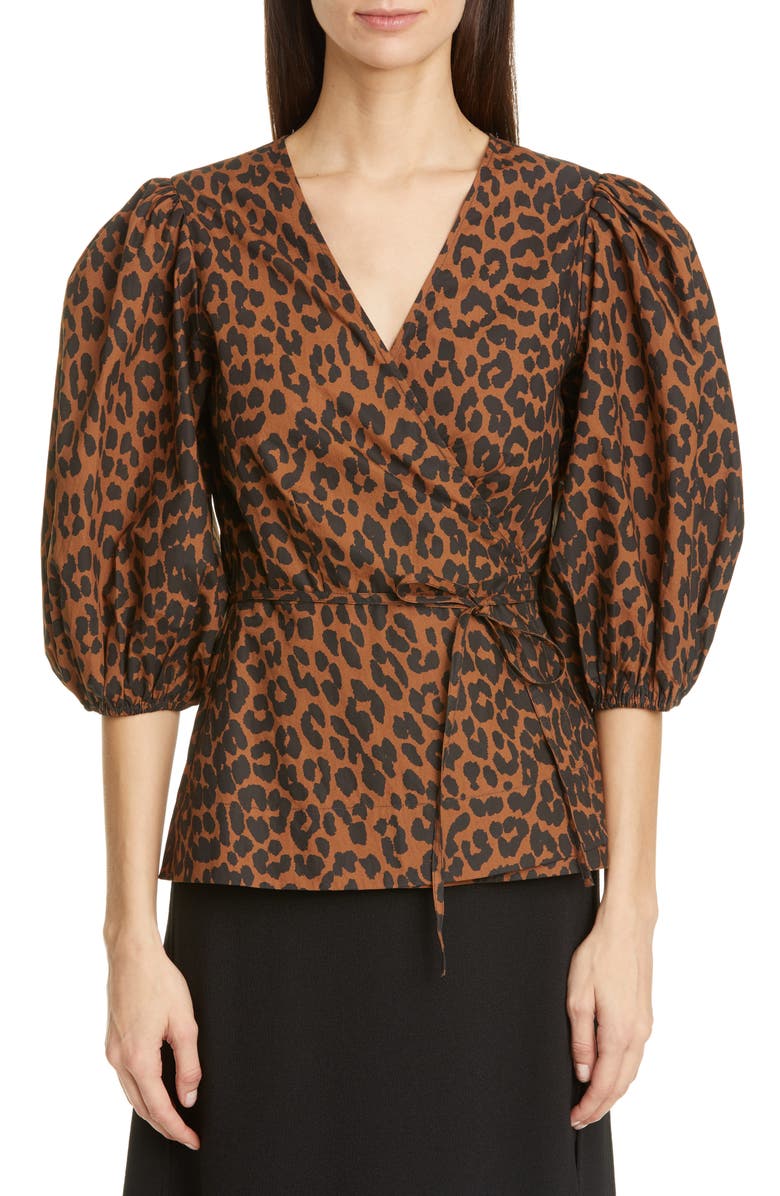 Ganni Leopard Print Balloon Sleeve Organic Cotton Wrap Top, Main, color, 