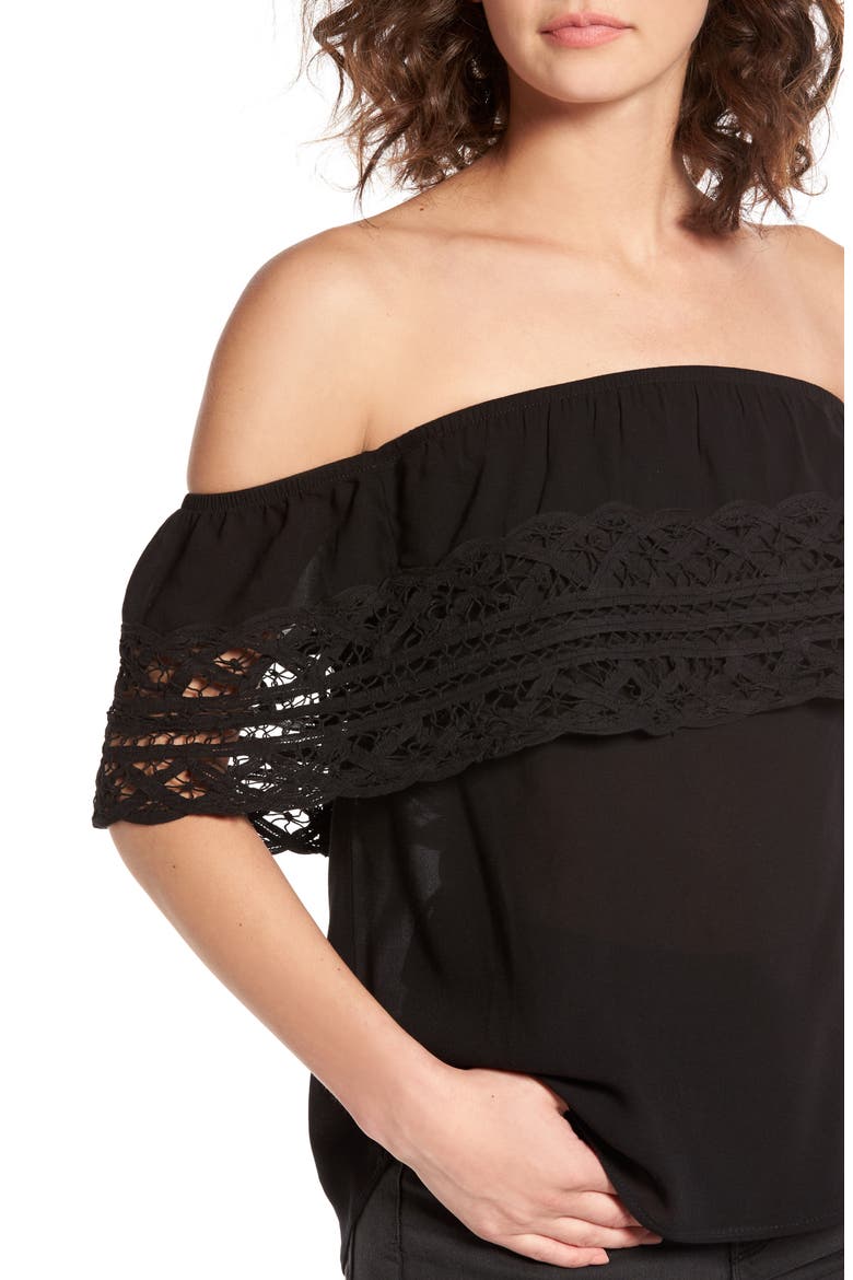 Crochet Off the Shoulder Top, Alternate, color, BLACK