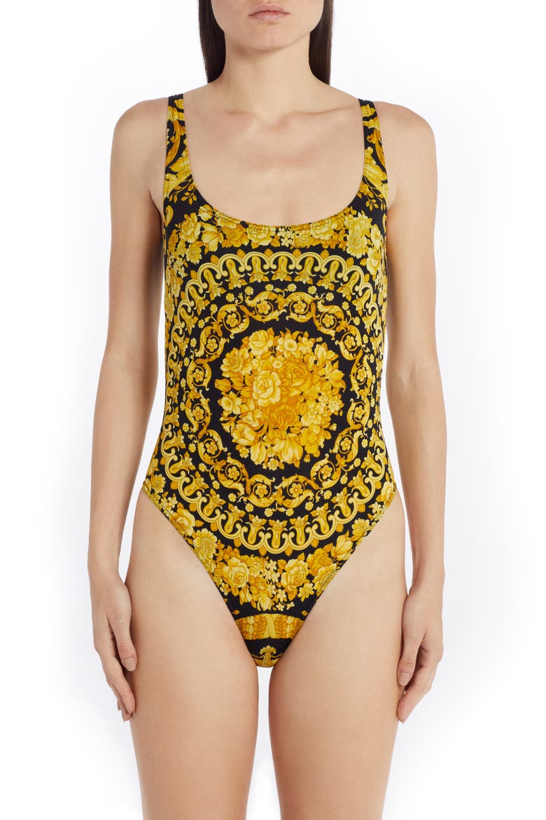 Barocco Print One-Piece Swimsuit, Main, color, BLACK/ GOLD