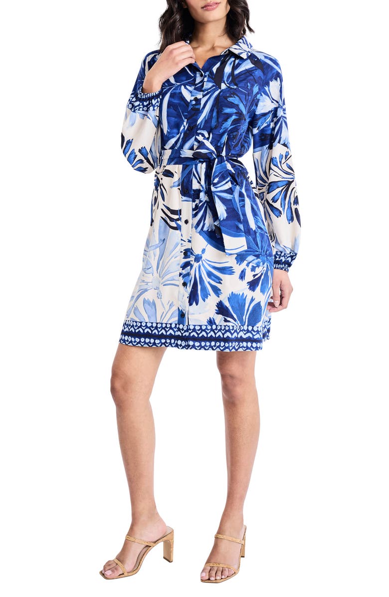 Maggy London Balloon Sleeve Tie Belt Shirtdress, Alternate, color, Cream/ Blue