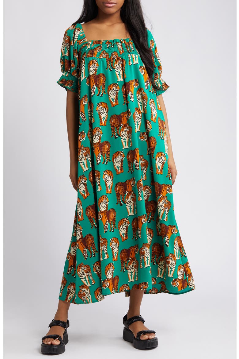 Tiger Print Smocked Maxi Dress, Main, color, GREEN TIGER