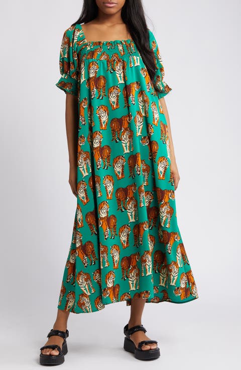 Tiger Print Smocked Maxi Dress