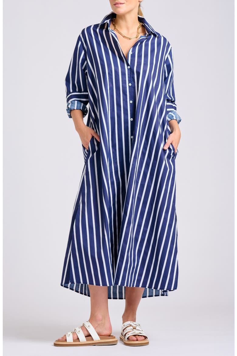 Mixed Stripe Long Sleeve Shirtdress, Main, color, NAVY THICK STRIPE