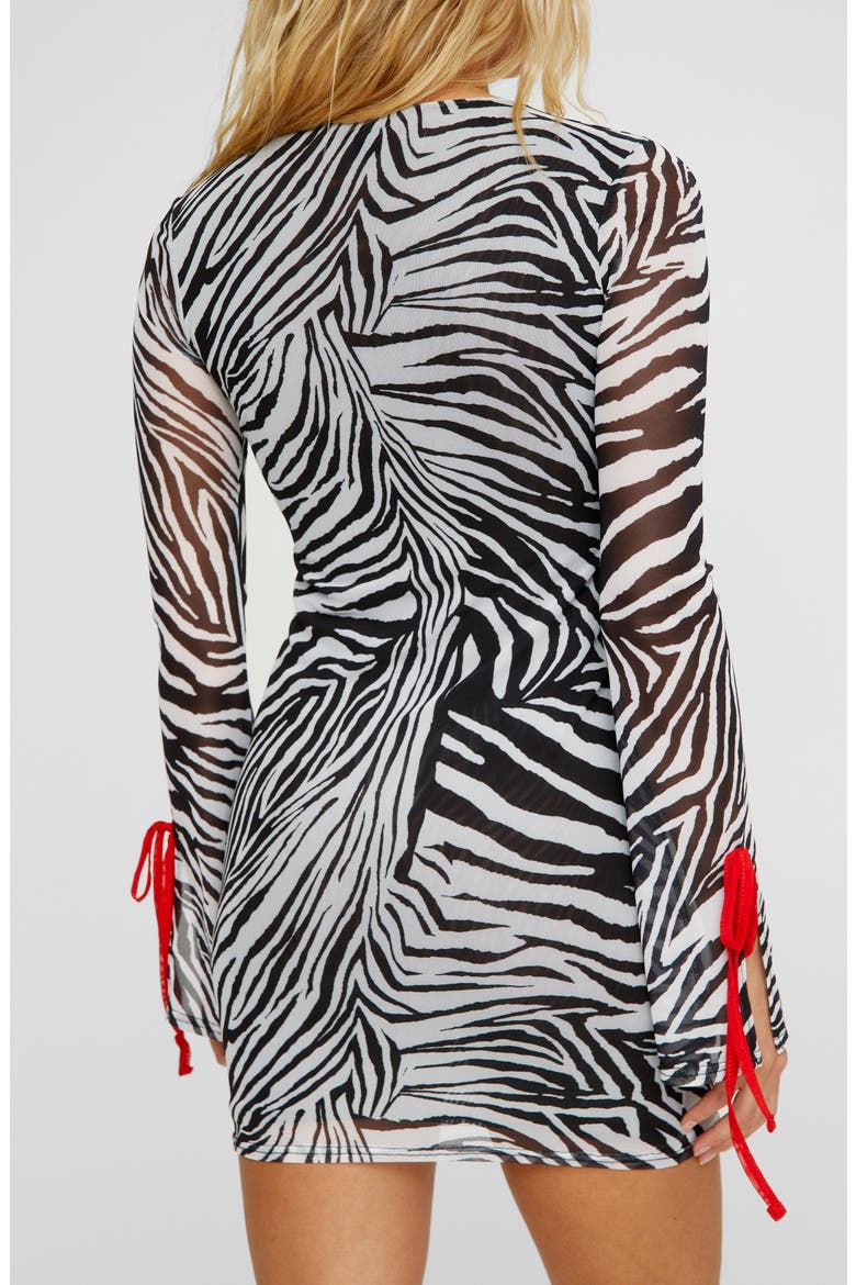 Animal Print Long Sleeve Cutout Mesh Minidress, Alternate, color, BLACK