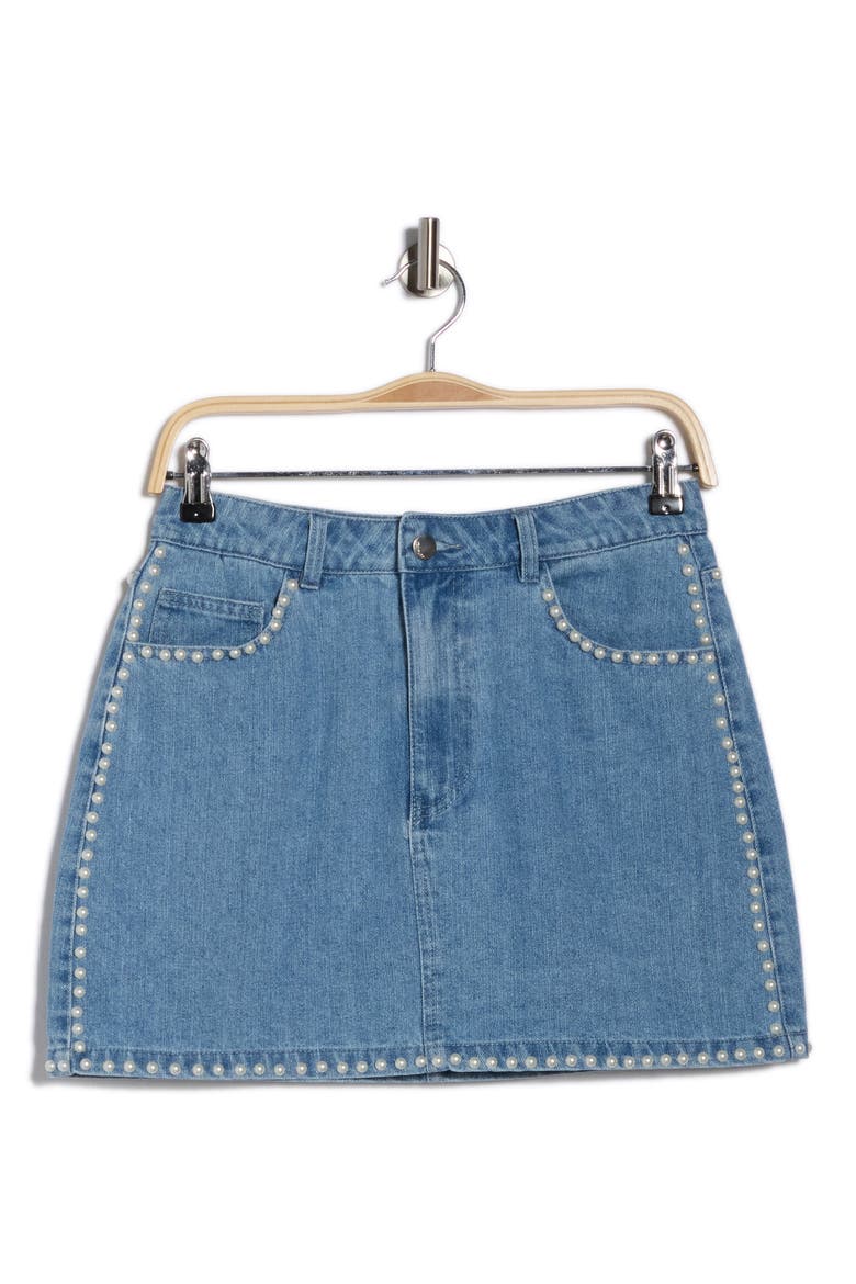 Pearly Stud Trim Denim Miniskirt, Alternate, color, LIGHT WASH