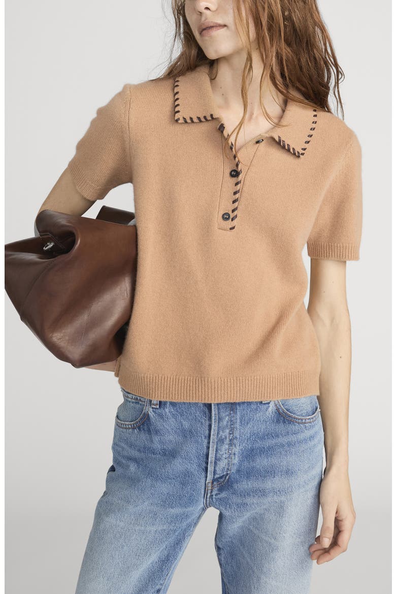 Leather Whipstitch Wool & Cashmere Sweater, Alternate, color, CAMEL