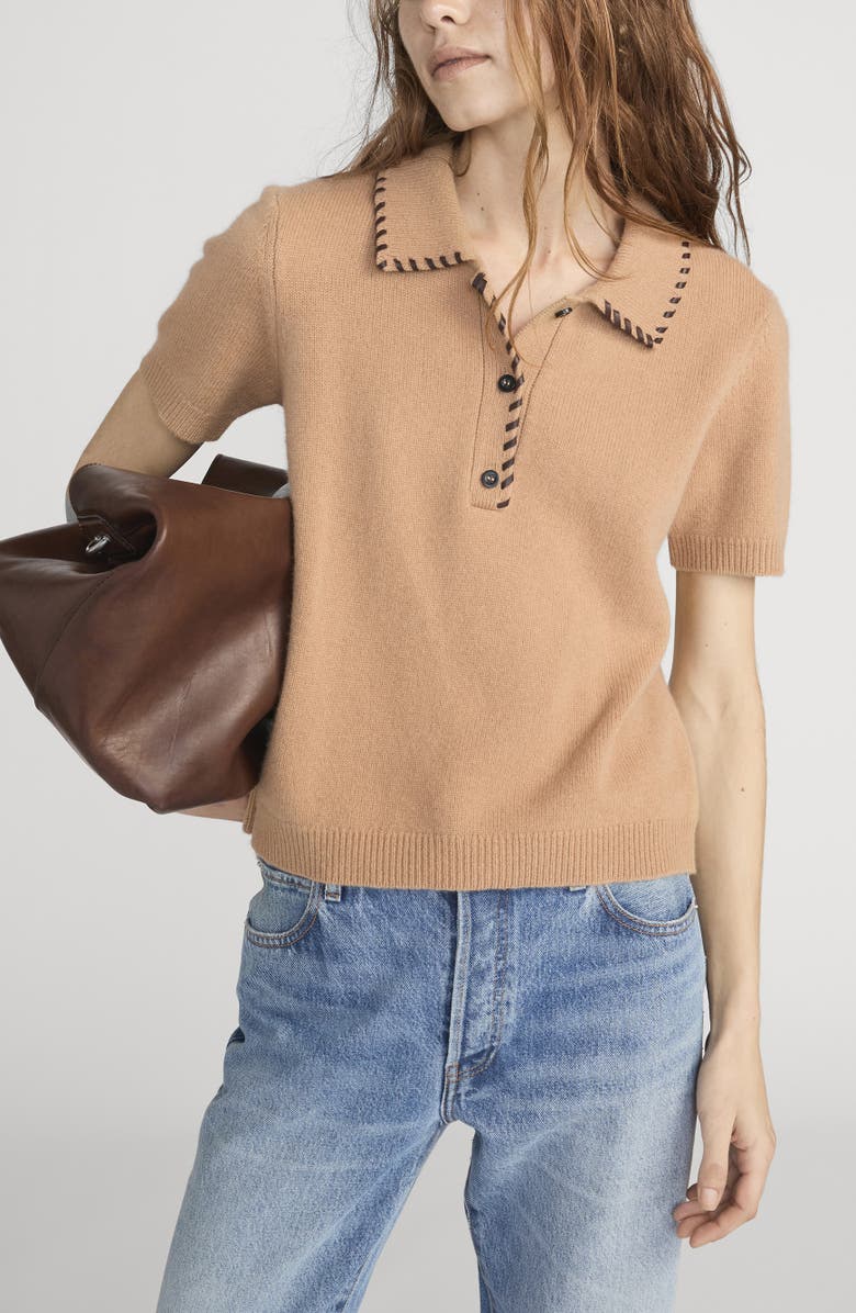 FRAME Leather Whipstitch Wool & Cashmere Sweater, Alternate, color, Camel