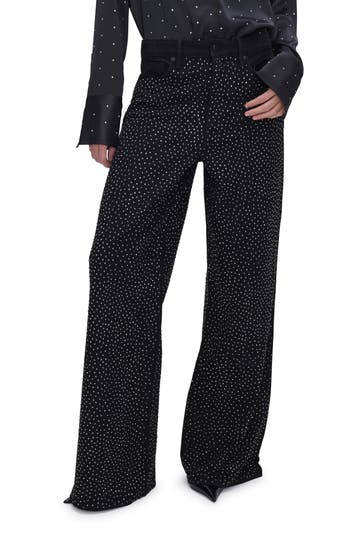 Shop Good American Good Ease Rhinestone Wide Leg Jeans In Black323