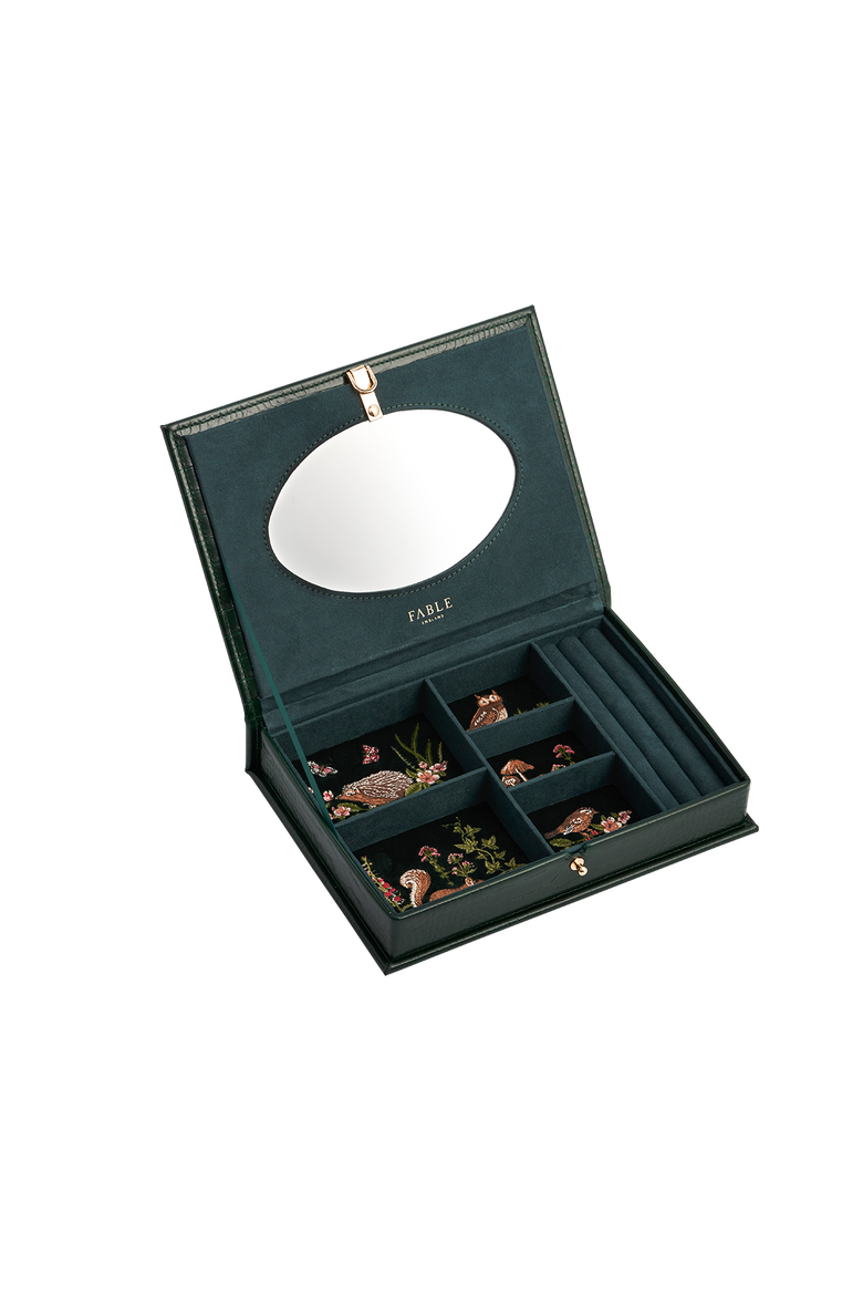 Meadow Scene Croc Embroidered Large Jewelry Box, Main, color, Dark Green