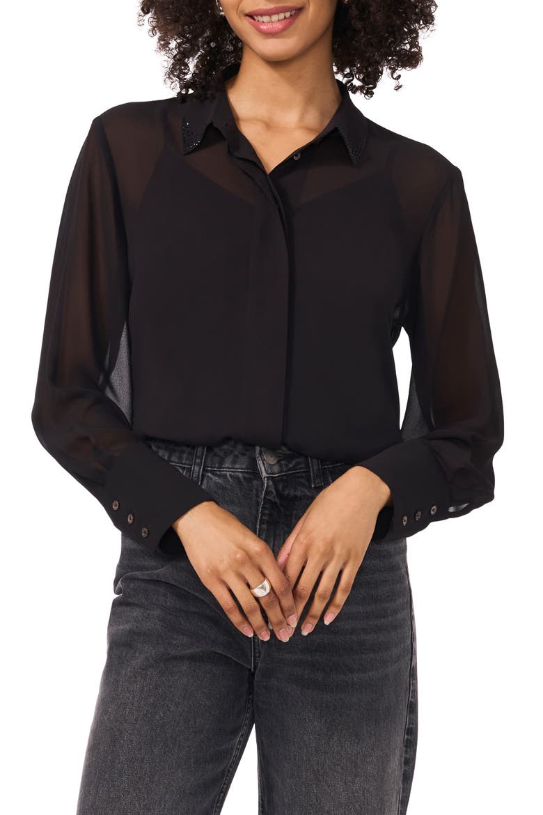 Bead Detail Button-Up Shirt, Main, color, RICH BLACK