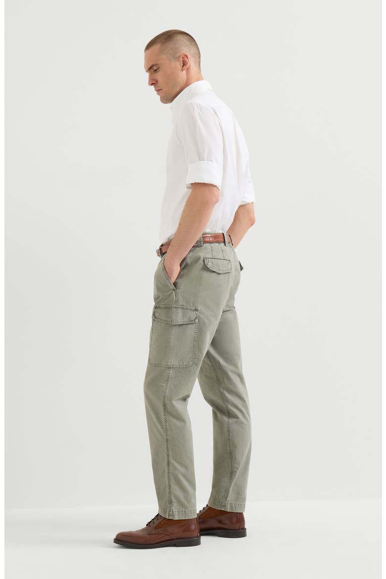 Peached cotton gabardine trousers with cargo pockets, Alternate, color, Military