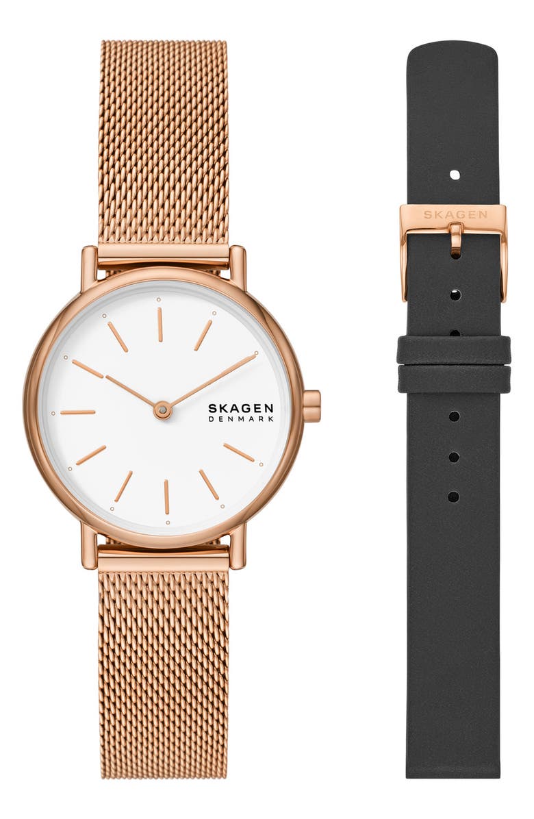 Skagen Signature Lille Mesh Strap Watch & Leather Straps Gift Set, 00mm, Main, color,