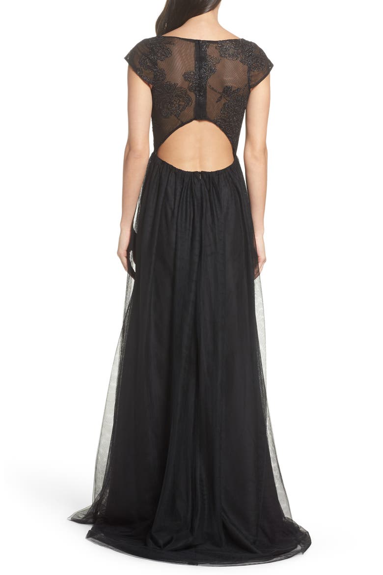 Embroidered Bodice Net Gown, Alternate, color, BLACK