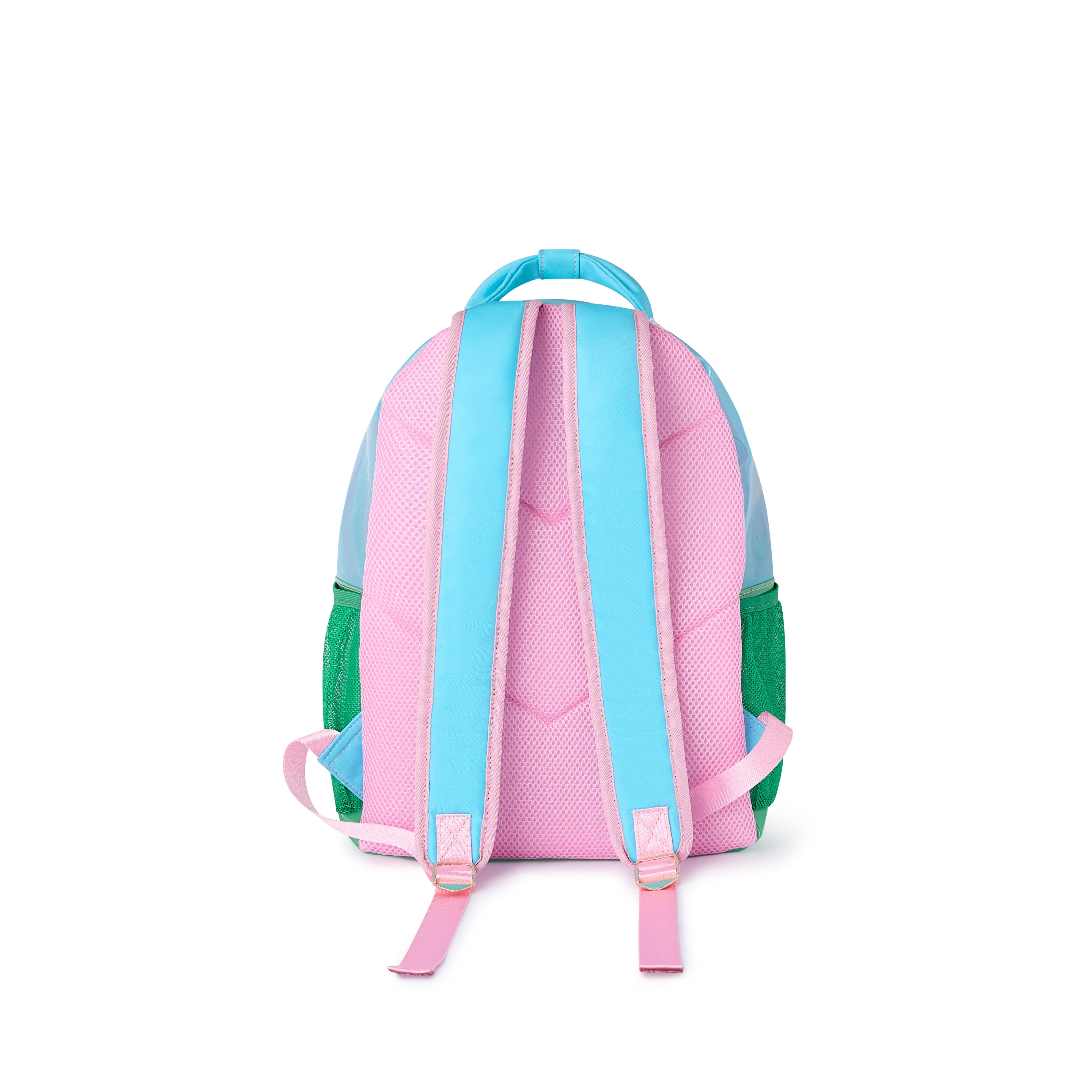Colorblock Clear Backpack by Packed Party | Pink Glitter Panel, Blue Bow, Cherry Bag Charm | 17" Cute Backpack for Girls, Alternate, color, Multicolor