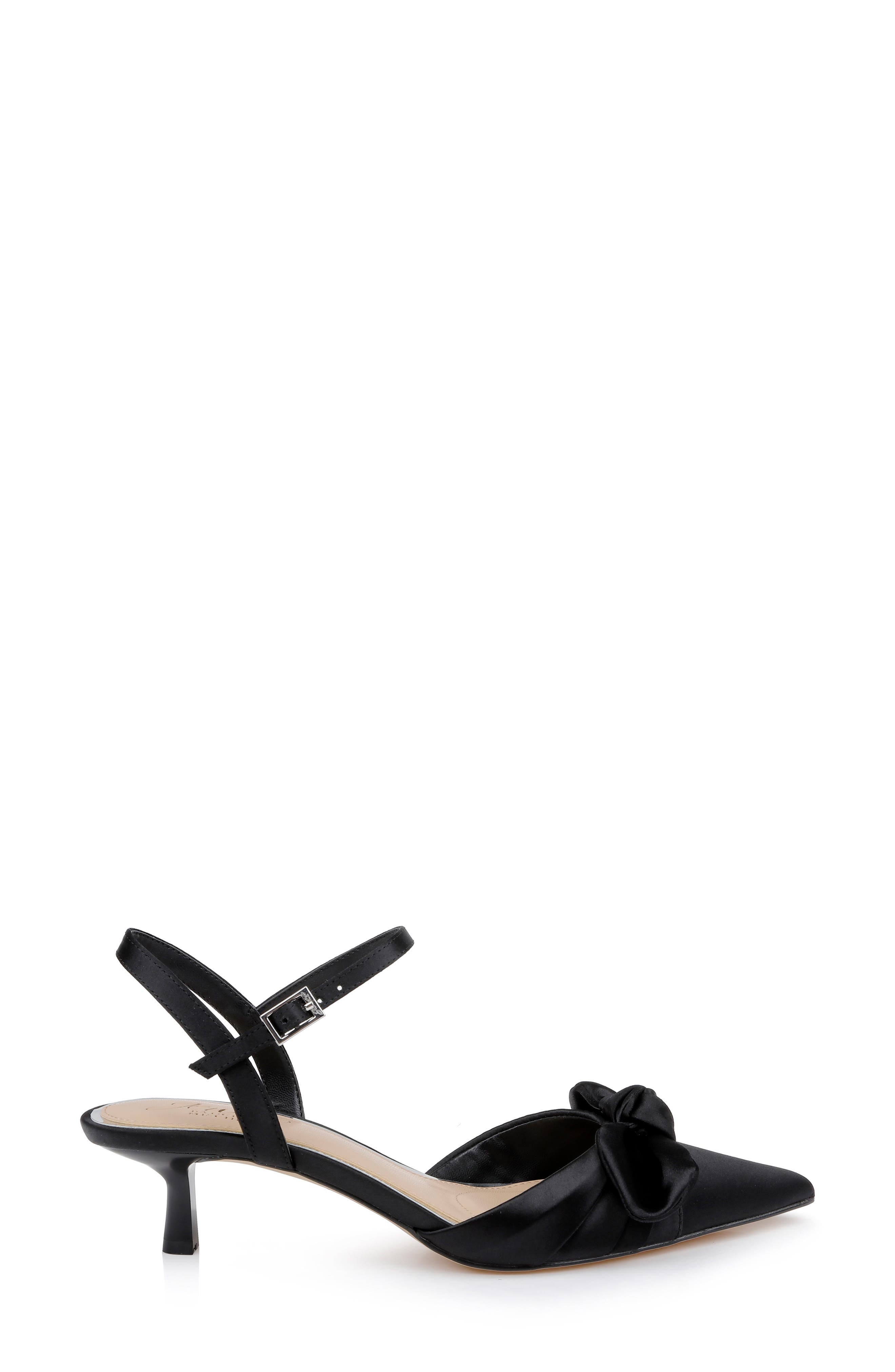 Jewel Badgley Mischka Ember Ankle Strap Pointed Toe Kitten Heel Pump, Alternate, color, Black Satin