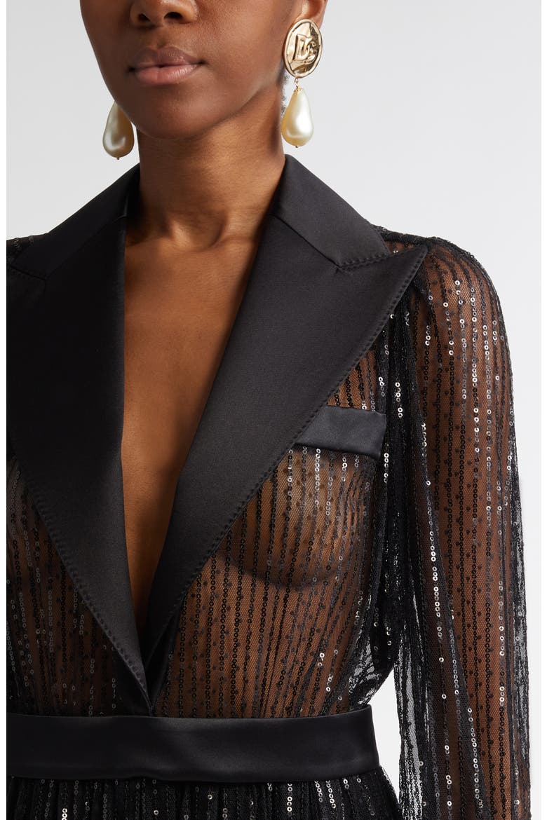 Sequin Sheer Long Sleeve Blazer Midi Dress, Alternate, color, N0000 NERO