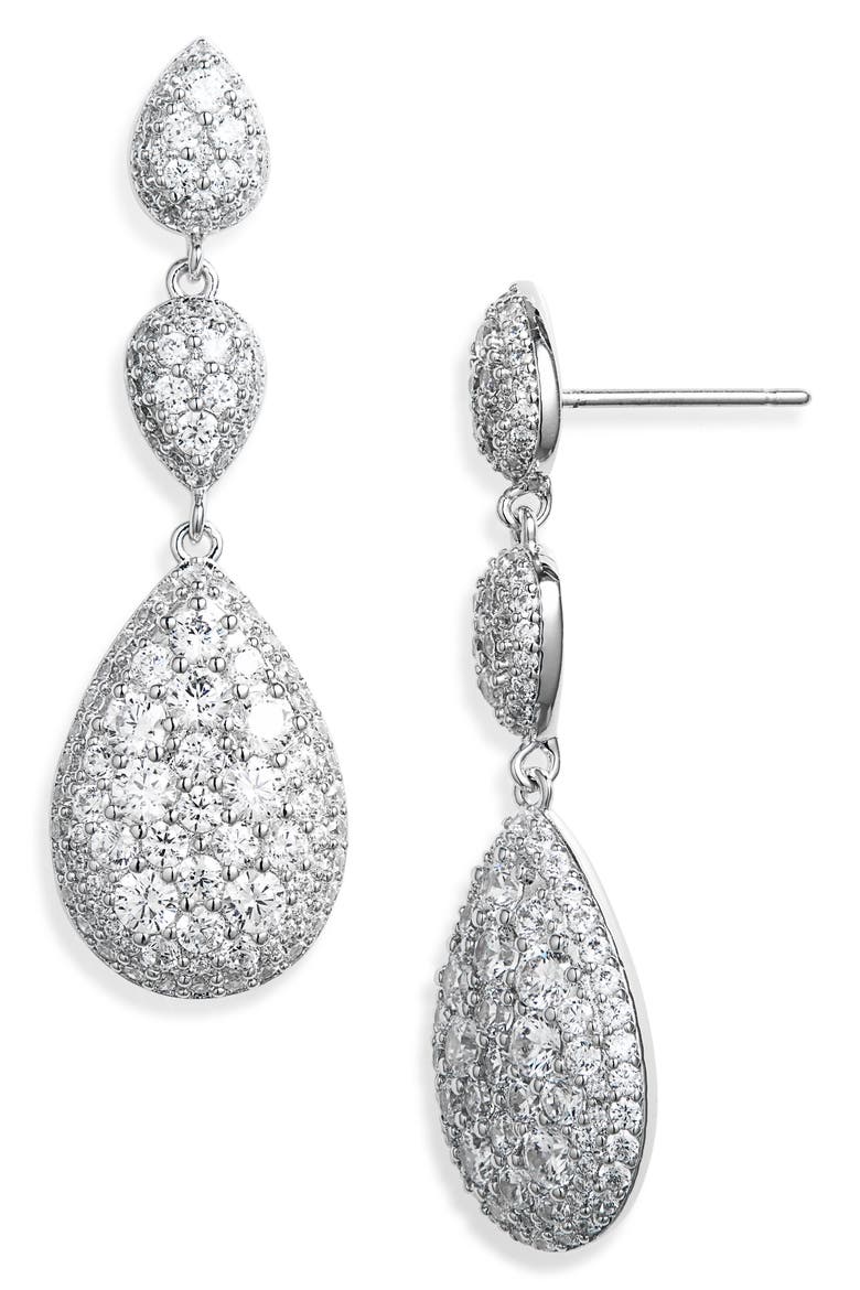 Crushed Pavé Triple Drop Earrings, Main, color, RHODIUM