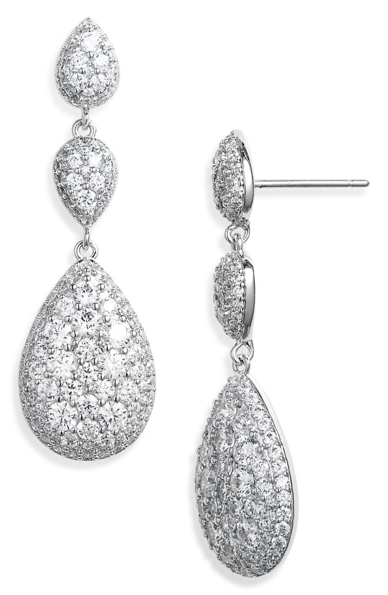 Nadri Crushed Pavé Triple Drop Earrings, Main, color, Rhodium