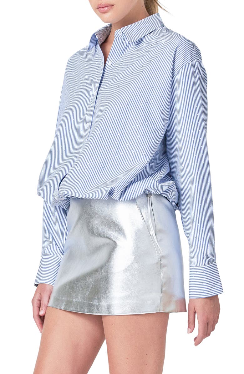 Endless Rose Rhinestone Elastic Waist Button-Up Shirt, Alternate, color, Navy/White