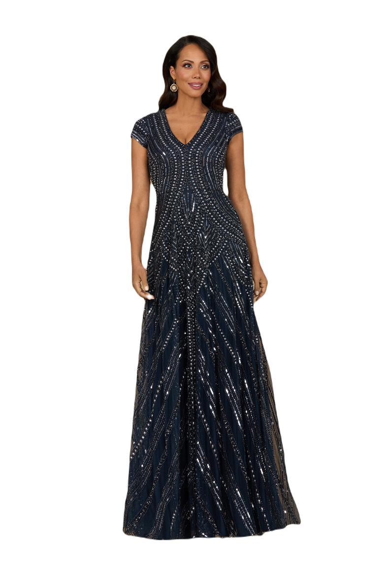Cap Sleeve Beaded A-Line Gown, Alternate, color, Navy