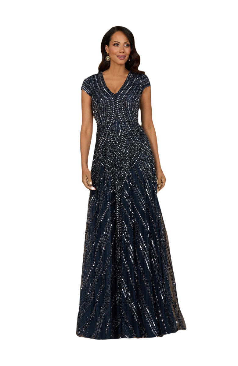 LARA New York Cap Sleeve Beaded A-Line Gown, Alternate, color, Navy