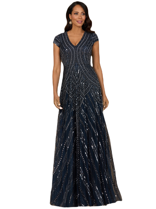 Lara New York Cap Sleeve Beaded A-line Gown In Navy