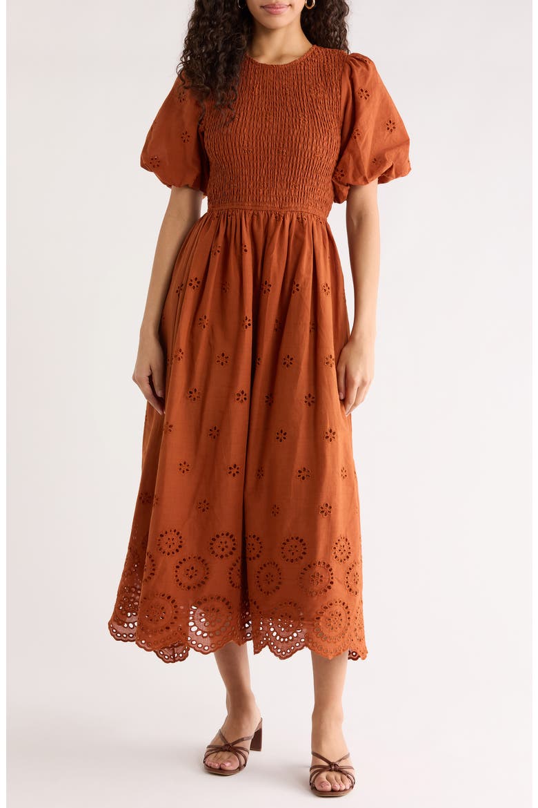 Deana Eyelet Smocked Midi Dress, Main, color, BROWN