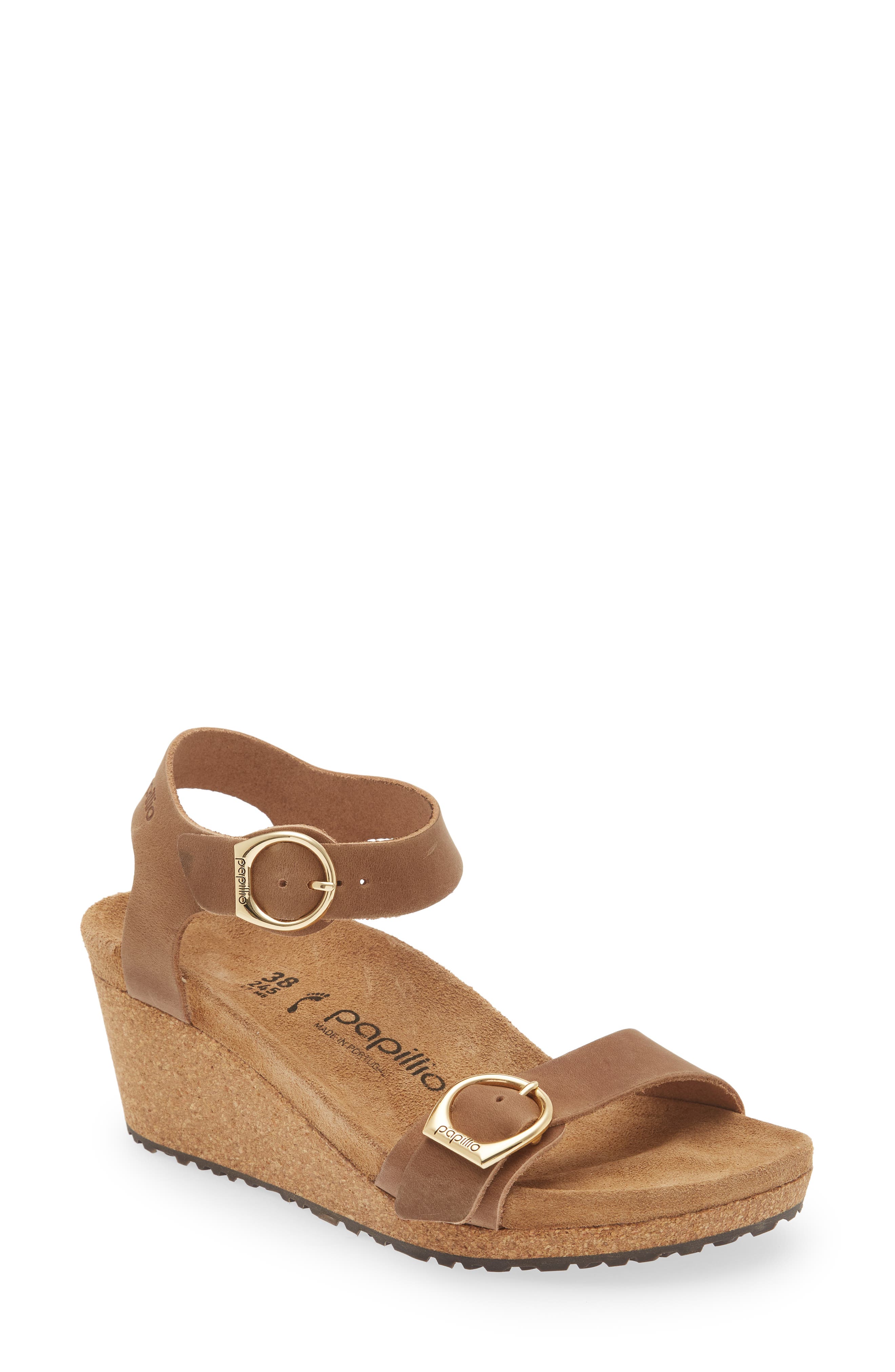 Soley Ring Buckle Wedge Sandal, Main, color, COGNAC