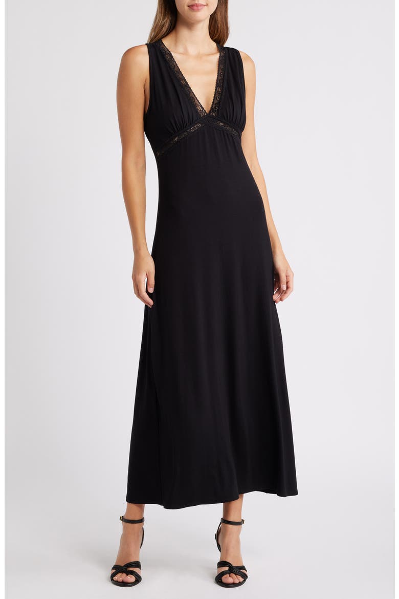 Lace Inset Empire Waist Dress, Main, color, BLACK