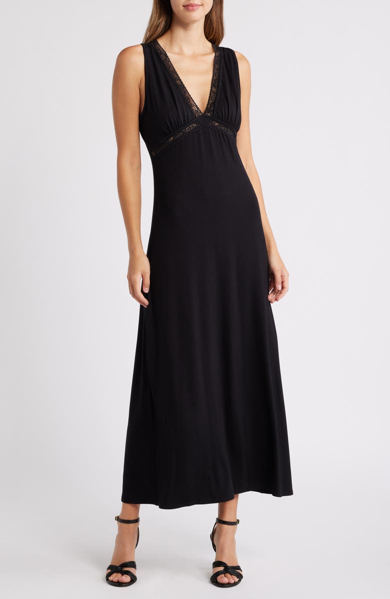 Loveappella Lace Inset Empire Waist Dress, Main, color, Black