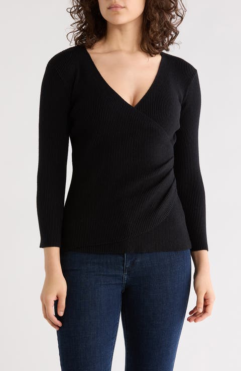 Three-Quarter Sleeve Faux Wrap Sweater