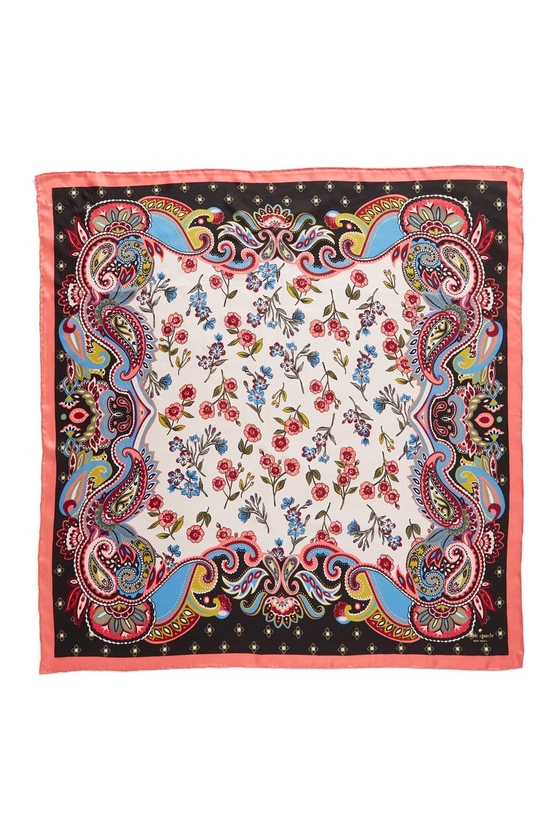framed meadow silk square scarf, Alternate, color, BLACK