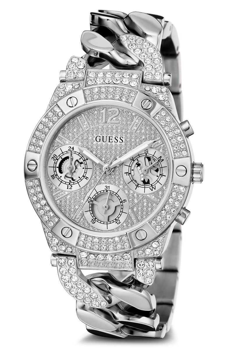 GUESS Multifunction Crystal Pavé Curb Chain Bracelet Watch, 36mm, Main, color, 