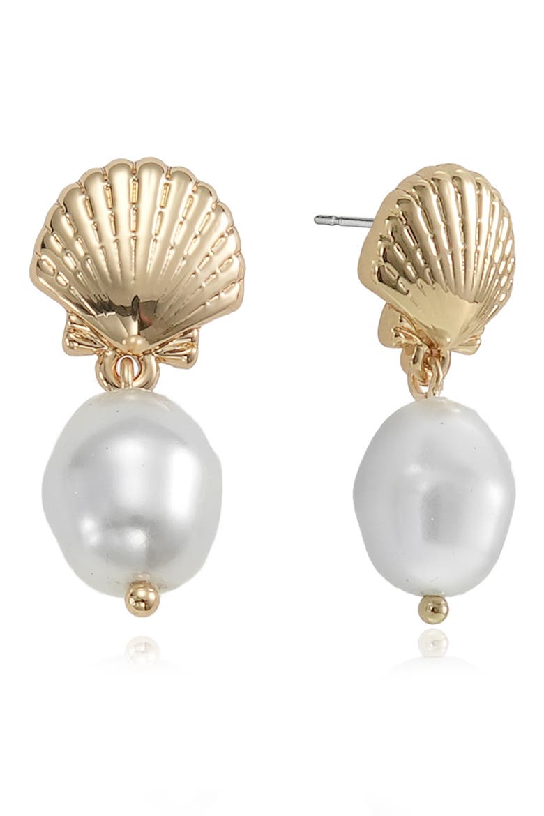 Shell Faux Pearl Drop Earrings, Main, color, GOLD