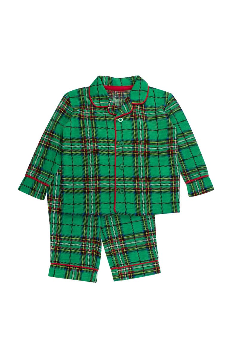 RuffleButts Gender Inclusive Button Up Pajama Set, Main, color, Green Nicholas Plaid