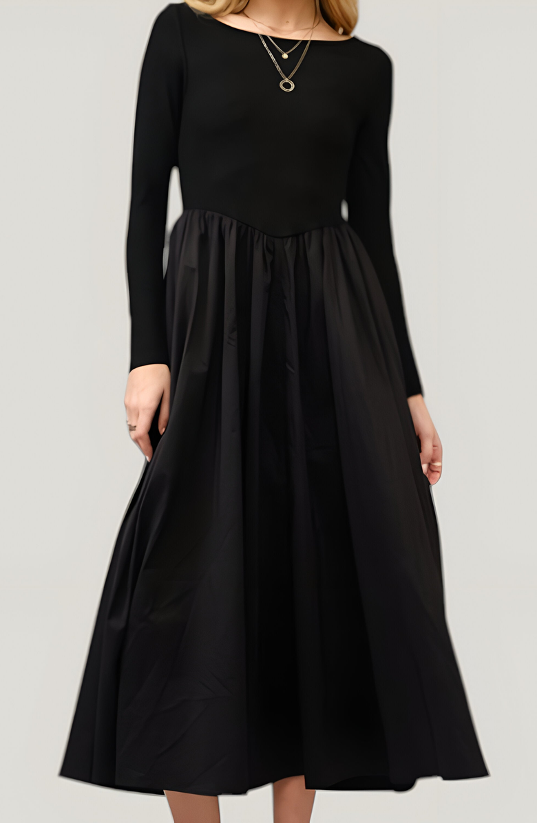 Modenaire Ribbed Maxi Dress with Boat Neck, V-Peaked Waist and Contrast Details, Alternate, color, 