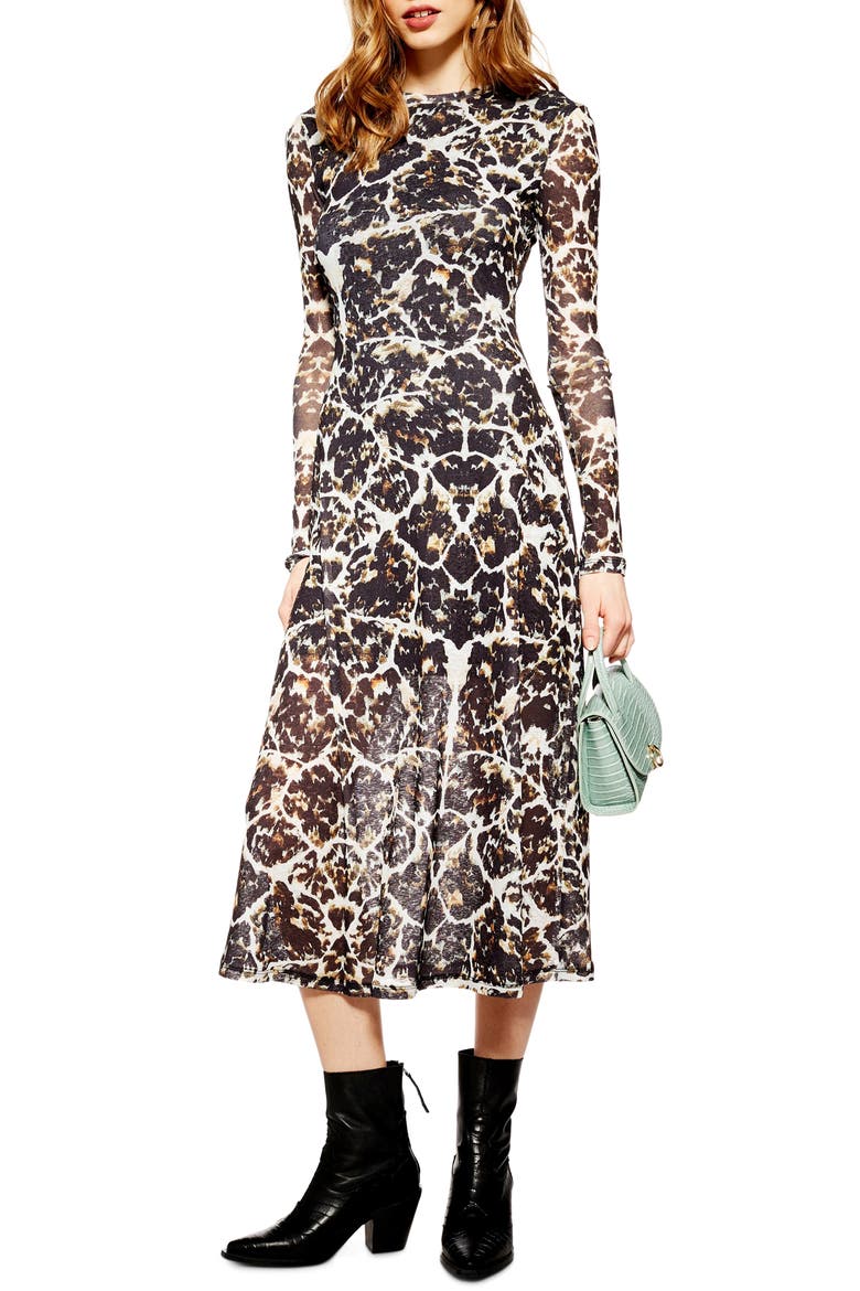 Tortoiseshell Long Sleeve Mesh Midi Dress, Main, color, BLACK MULTI