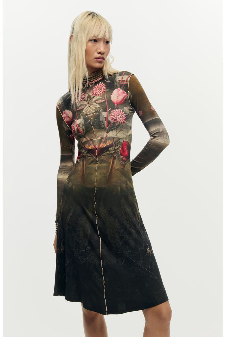 Floral Print Long Sleeve Minidress, Alternate, color, BLACK