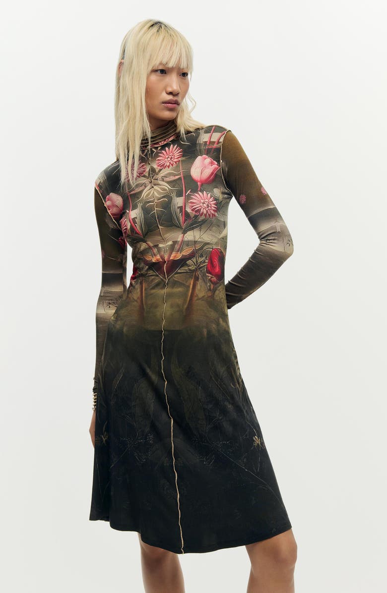 Desigual Floral Print Long Sleeve Minidress, Alternate, color, Black